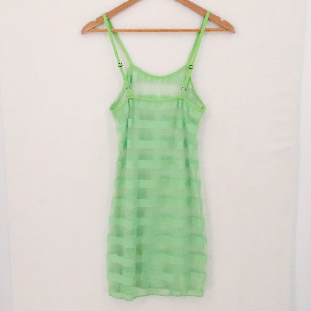 Sheer Striped Mesh Mini Slip Dress Womens Size S Festival Y2K Brat Green Stretch - Picture 4 of 8